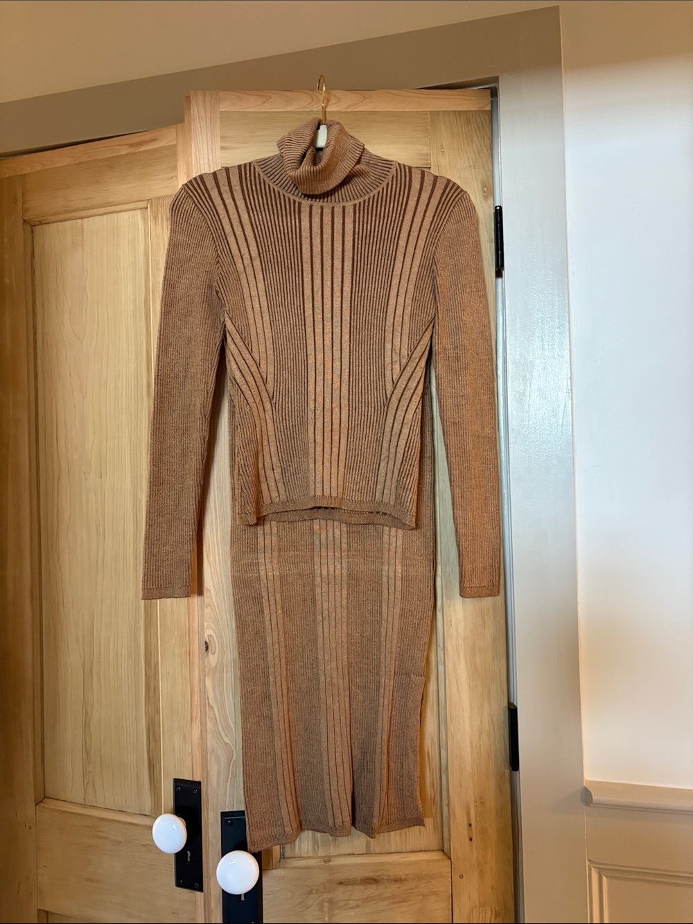 French Connection Brown Ribbed Knit Maxi Skirt Set